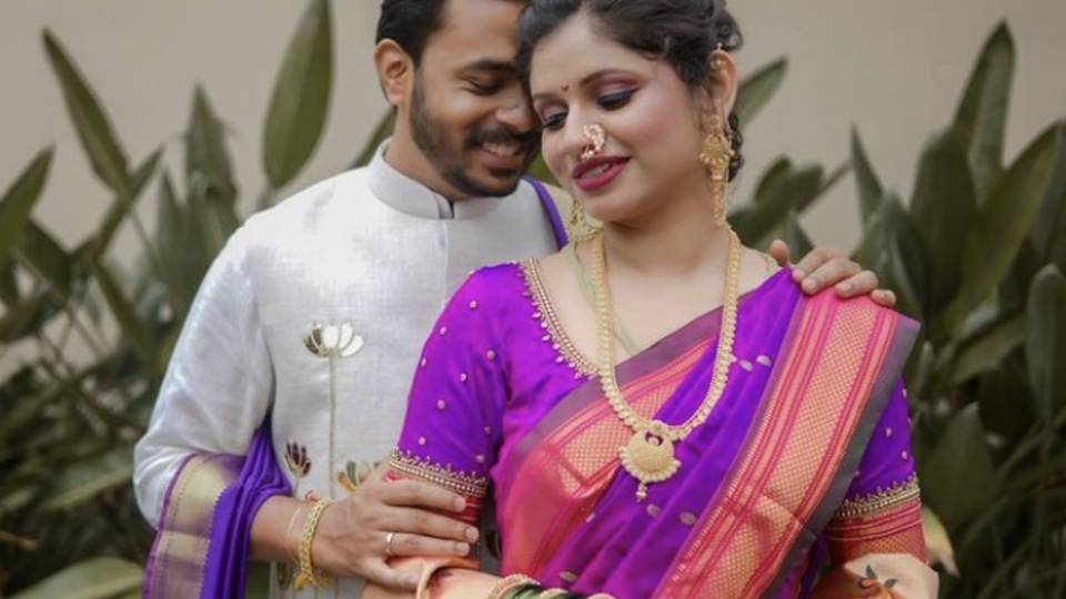 Nauvari couple portrait, bridal makeup detail